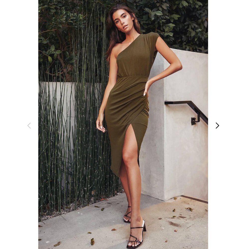 Lulus Raise a Glass Olive Green One-Shoulder Midi Dress - Picture 4 of 8